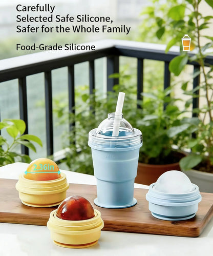 New 2-in-1 Collapsible Silicone Ice Ball Cup Reusable Portable Ice Sphere Mold with Straw Lid for Coffee Juice Drinks