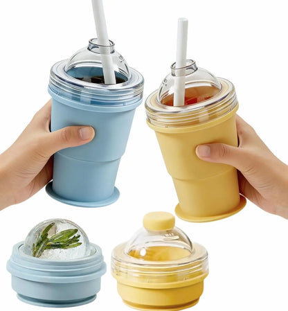 New 2-in-1 Collapsible Silicone Ice Ball Cup Reusable Portable Ice Sphere Mold with Straw Lid for Coffee Juice Drinks
