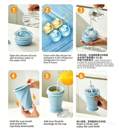 New 2-in-1 Collapsible Silicone Ice Ball Cup Reusable Portable Ice Sphere Mold with Straw Lid for Coffee Juice Drinks