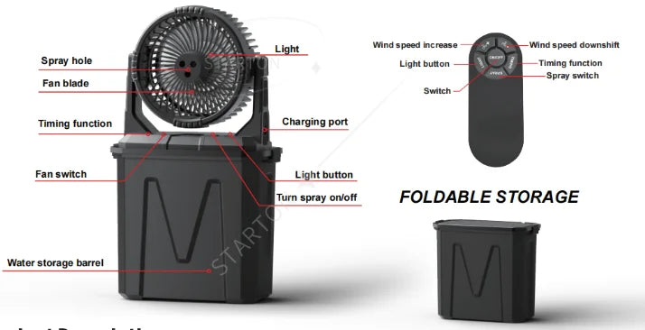 Portable Misting Fan -20000mAh USB Rechargeable Battery Powered Floor Cooling Fan With 9L Water Tank, Outdoor Spray Fan