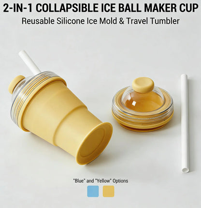 New 2-in-1 Collapsible Silicone Ice Ball Cup Reusable Portable Ice Sphere Mold with Straw Lid for Coffee Juice Drinks