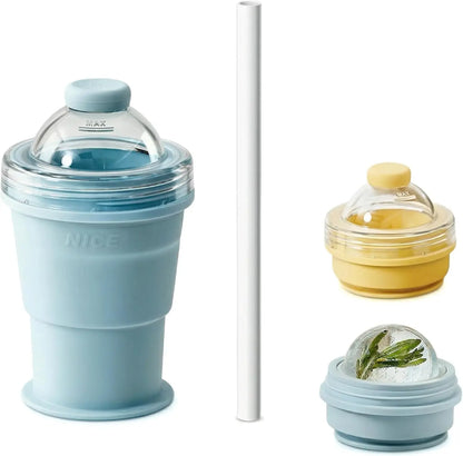 New 2-in-1 Collapsible Silicone Ice Ball Cup Reusable Portable Ice Sphere Mold with Straw Lid for Coffee Juice Drinks